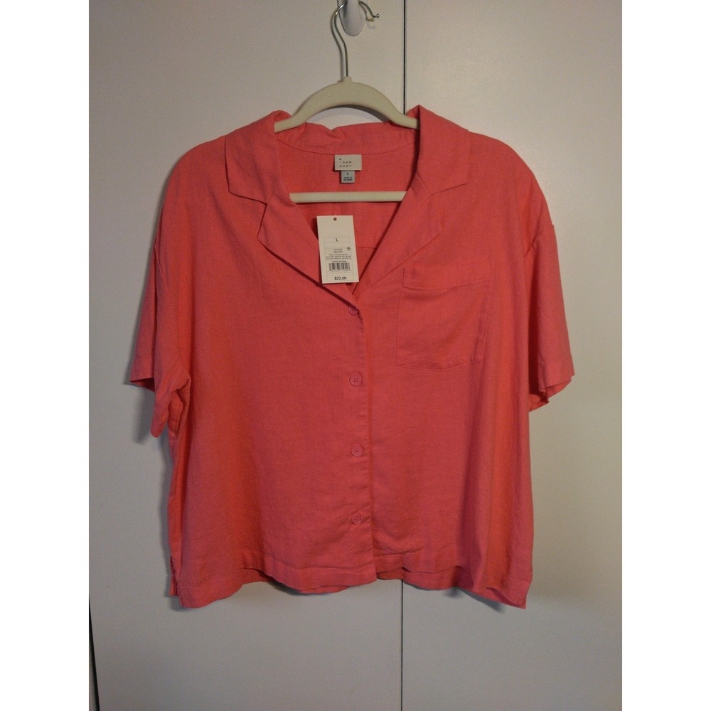 Women's Linen Blend Button Down Camp Shirt Size L Coral Coastal Cowgirl Resort